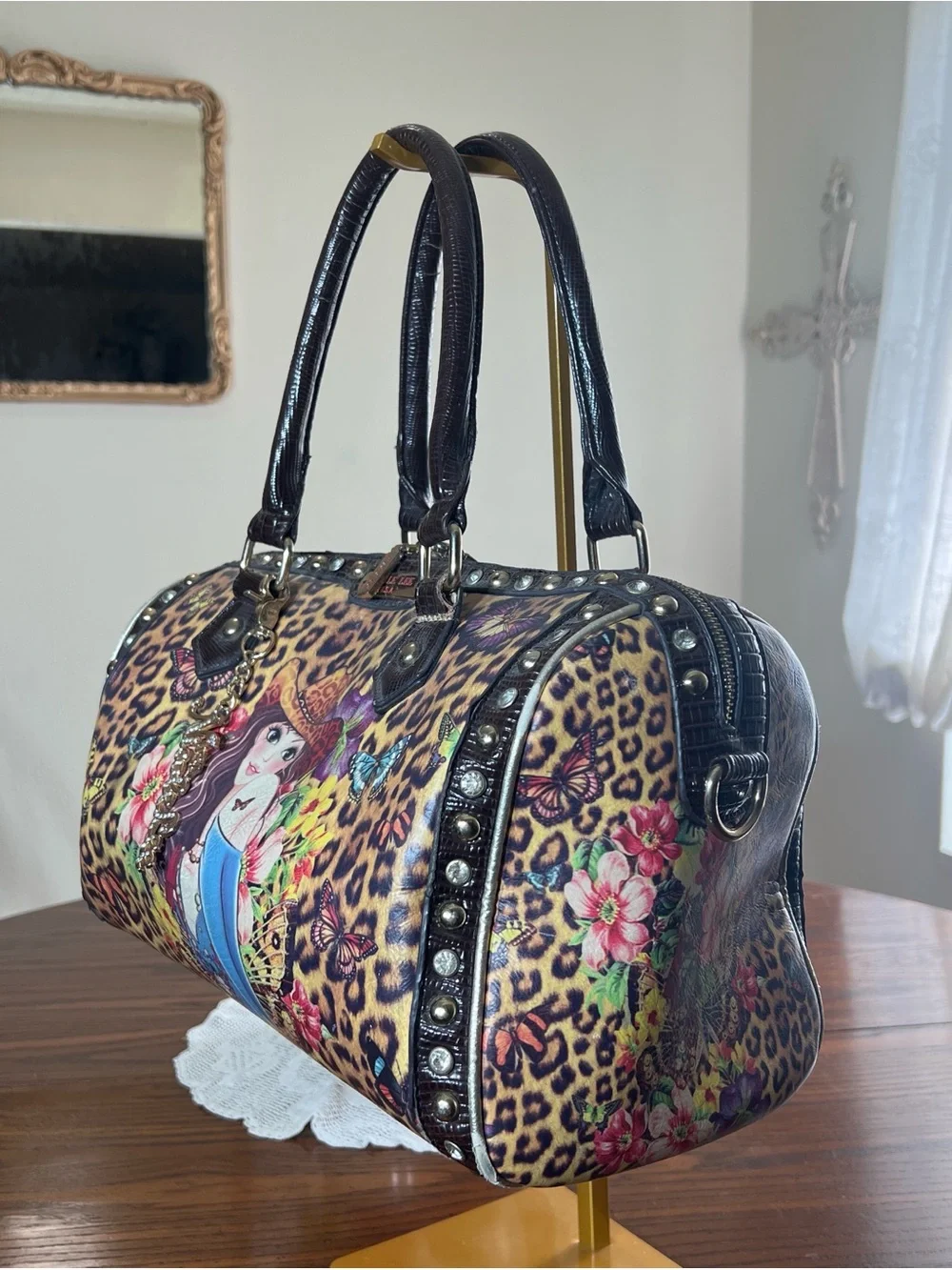 Nicole Lee Leopard Cowgirl Print Satchel Handbag - Brown, Pink, Blue